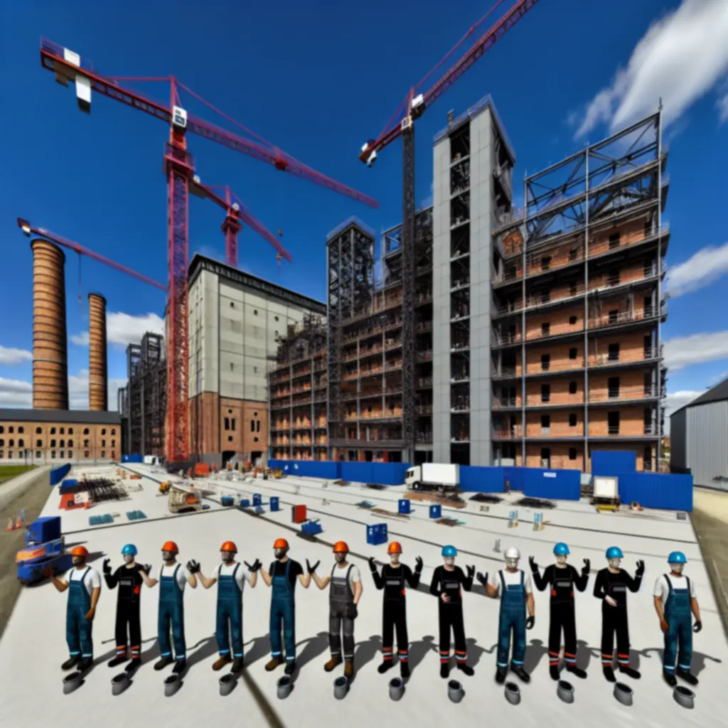 Panorama aktywnego placu budowy z zespołem LigBud nadzorującym prace