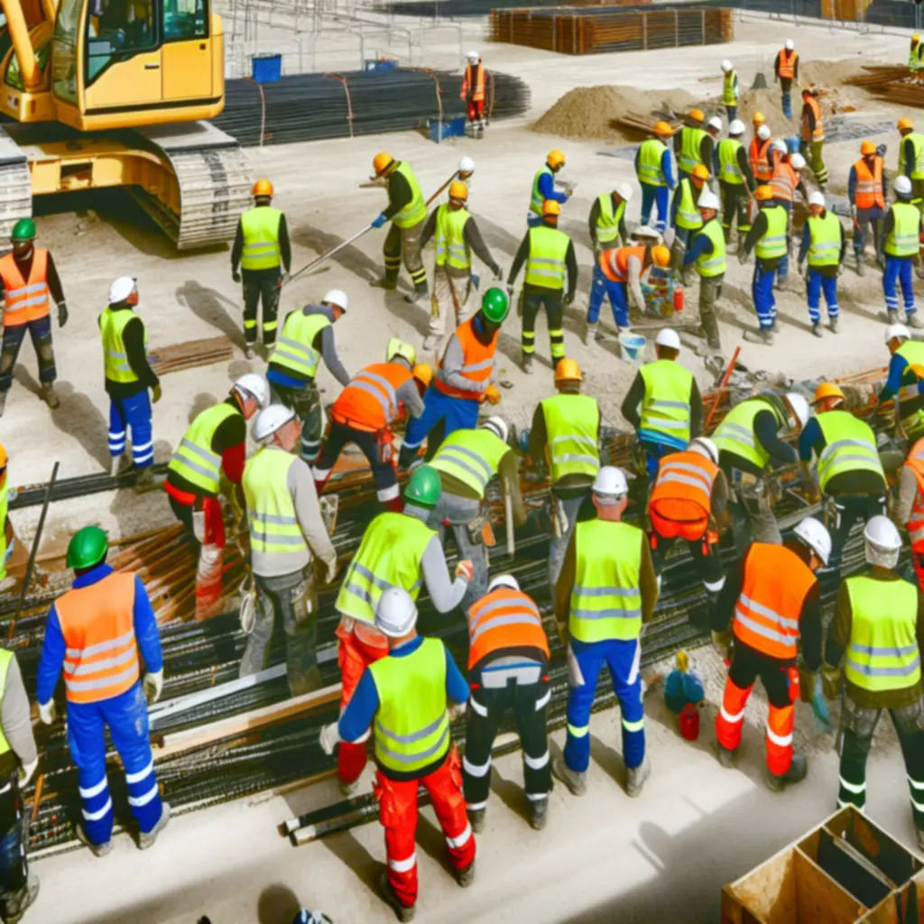 Zespół budowlany LigBud pracujący na dobrze zorganizowanym placu budowy